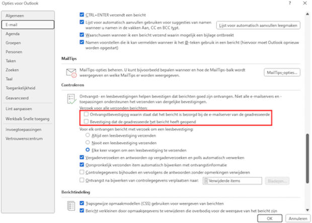 Altijd ontvangst- of leesbevestiging vragen